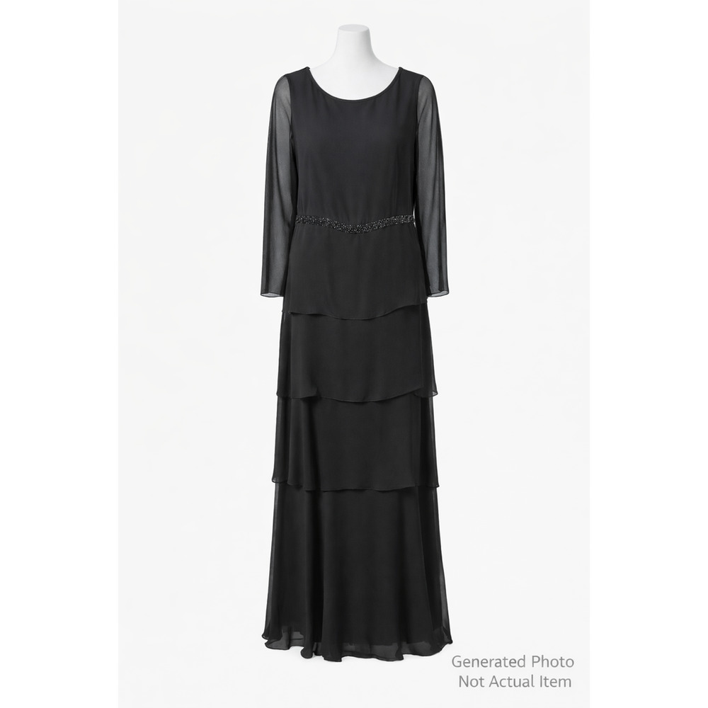 Patra Black Formal Evening Dress Beaded Lace Overlay Long Sleeve Made USA 18